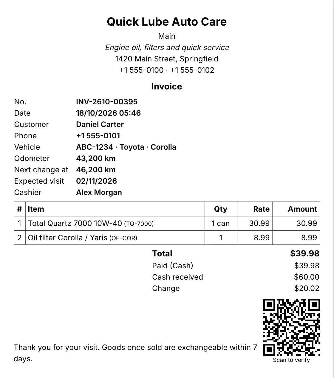 A5 invoice with the shop's details, customer, vehicle, items and totals
