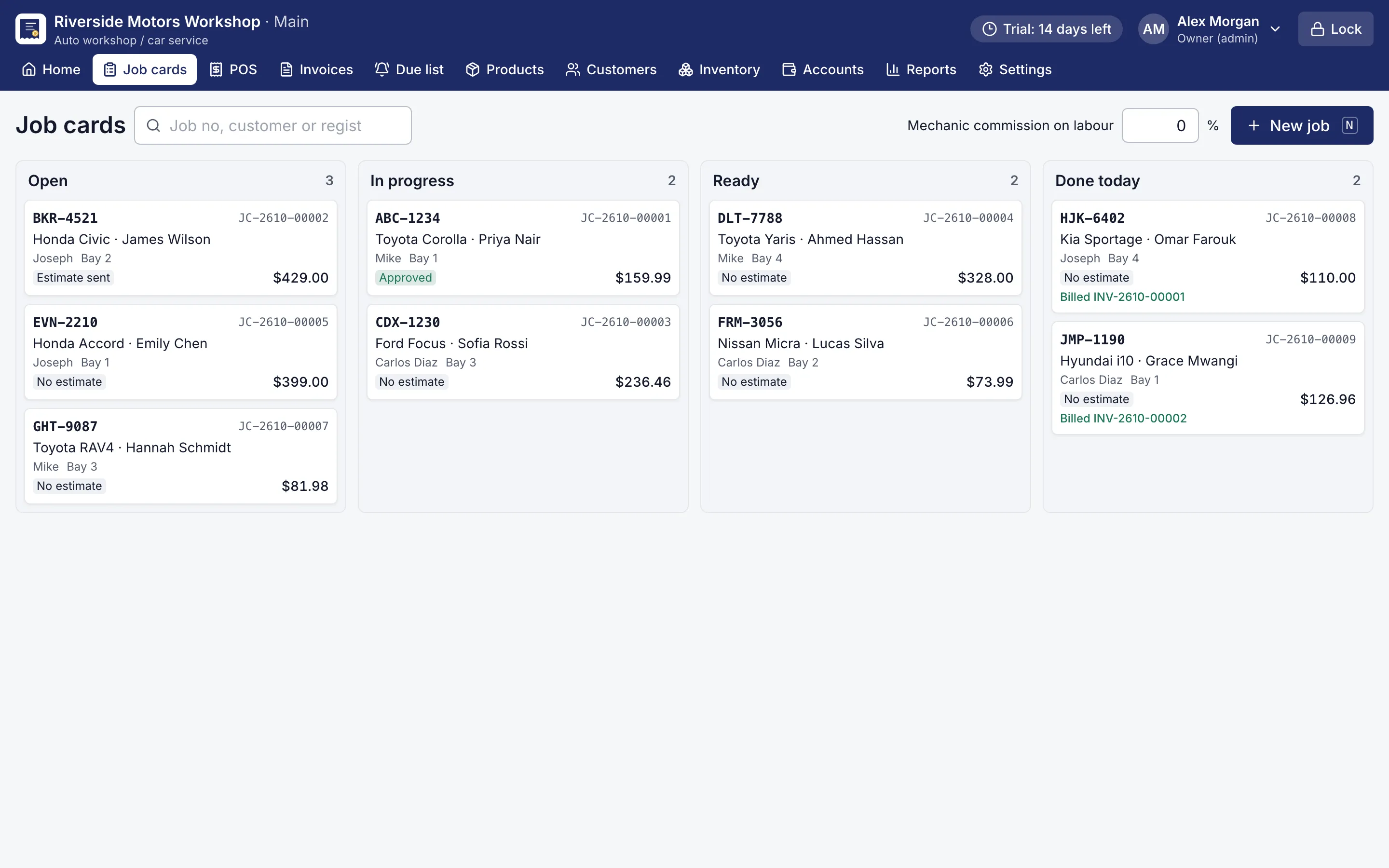 Board of workshop jobs in open, in progress, ready and done columns