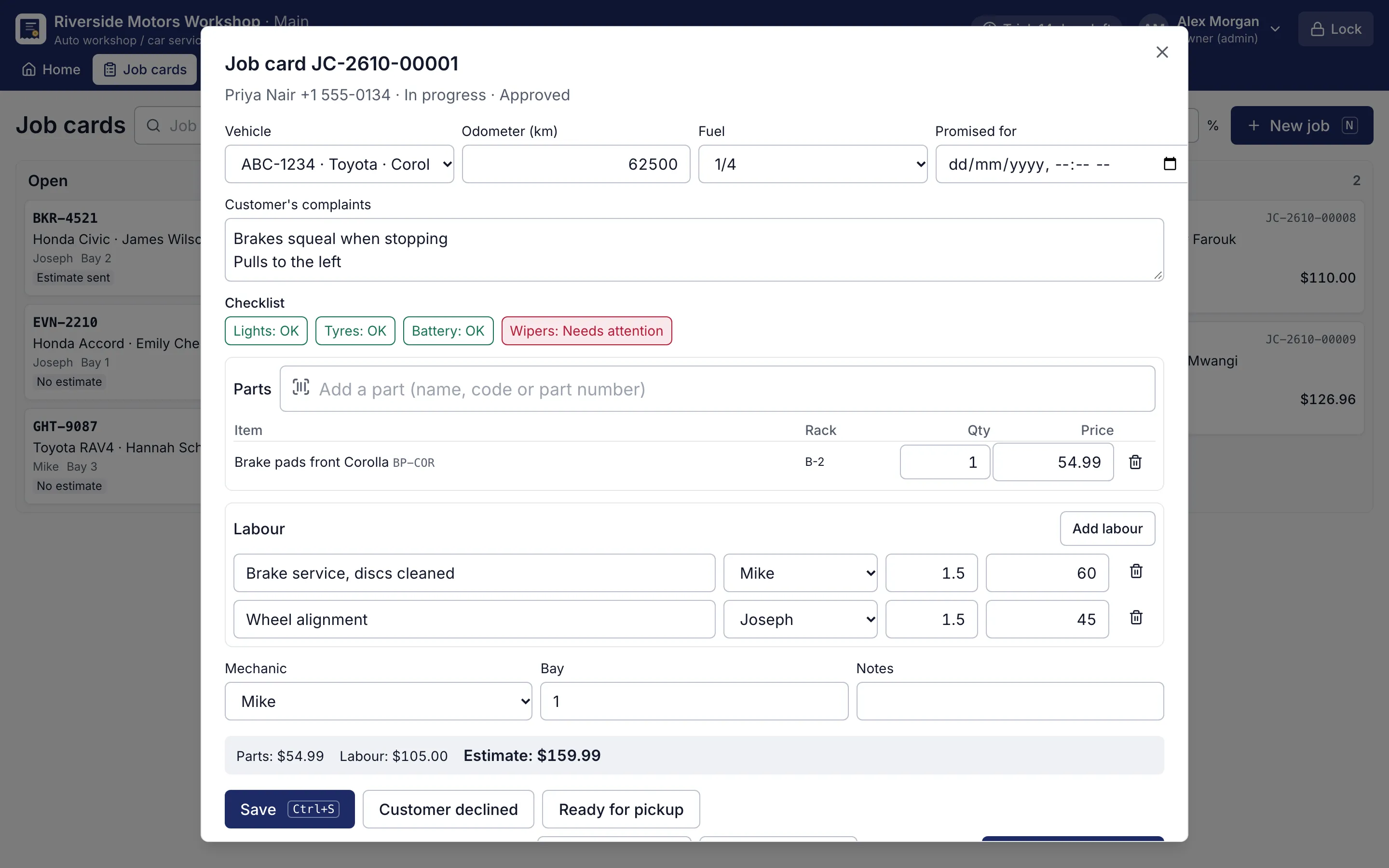 Job card with complaints, checklist, parts and labour per mechanic