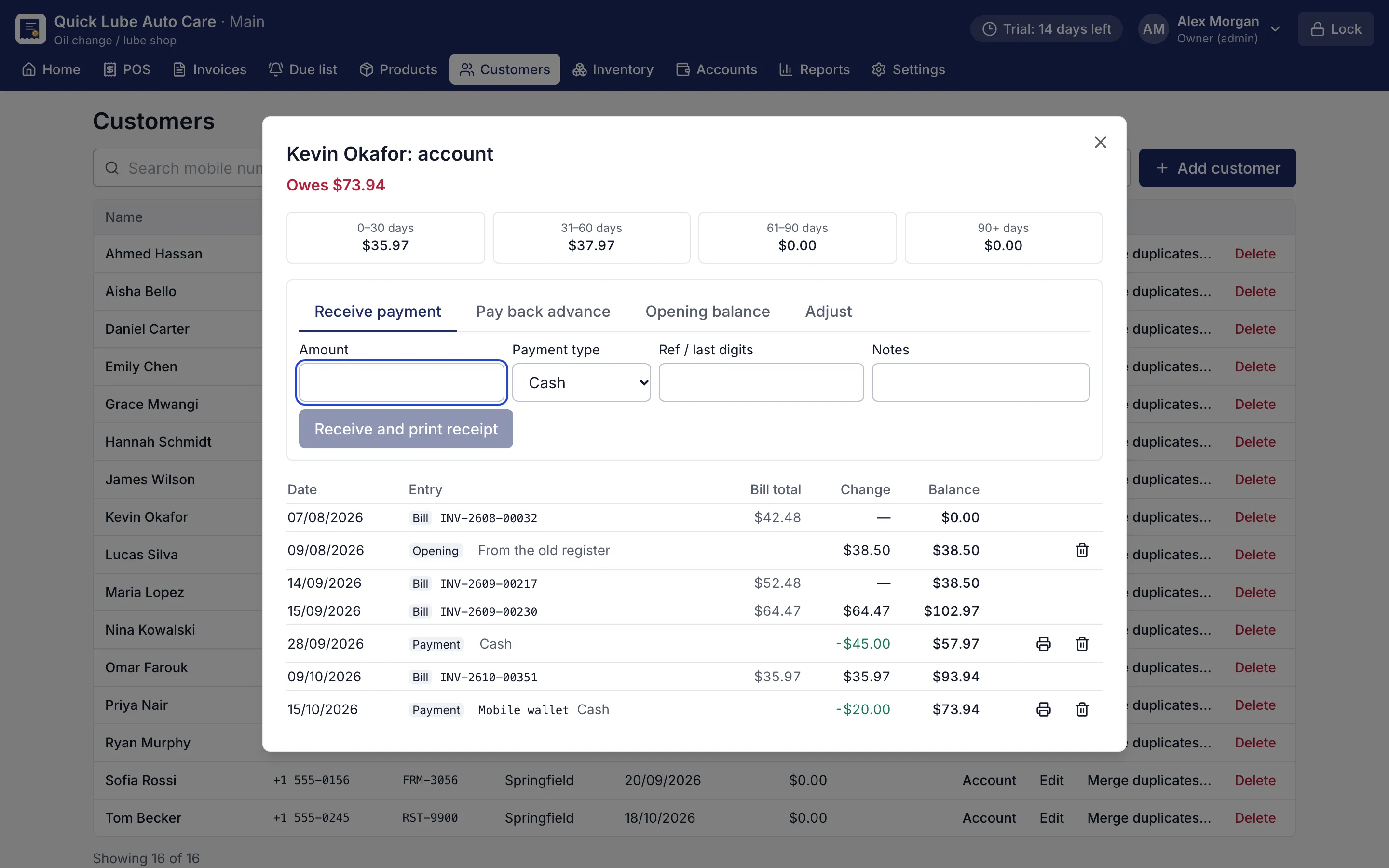 Customer account statement with bills, payments and running balance