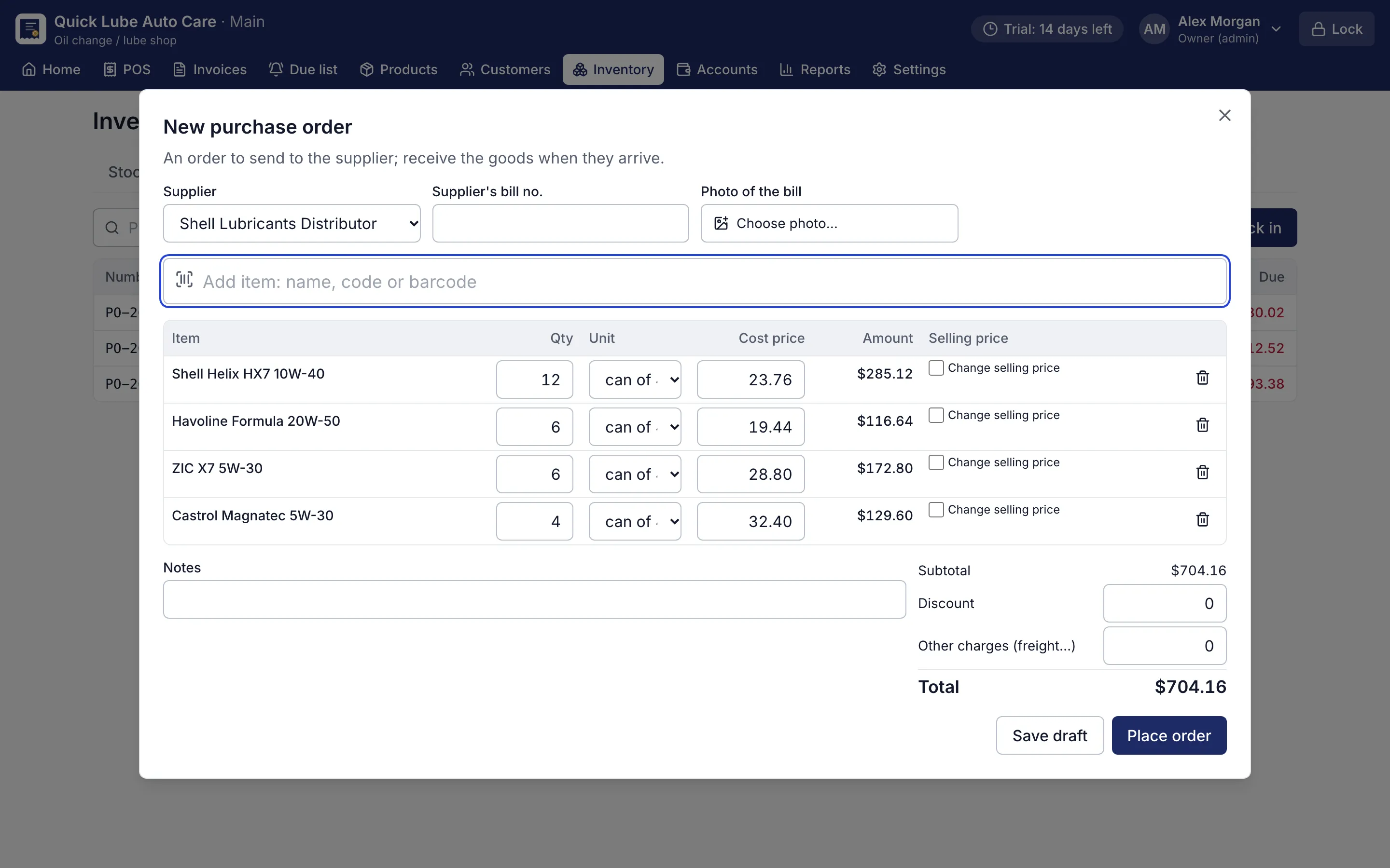 Purchase order form with supplier, items, quantities and costs