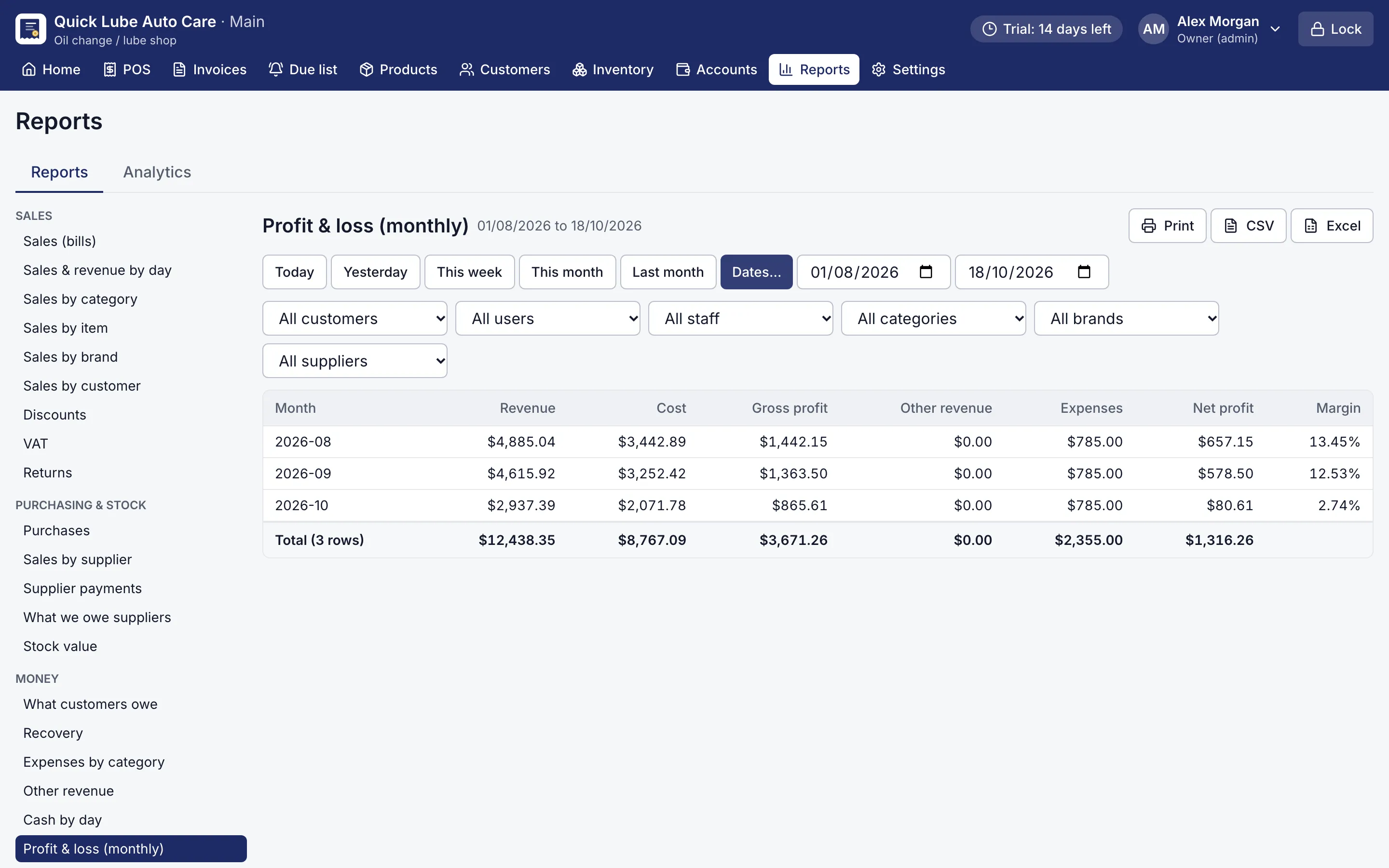 Monthly profit and loss report with revenue, cost, gross and net profit