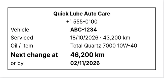 Printed service sticker with the next oil change kilometres and date