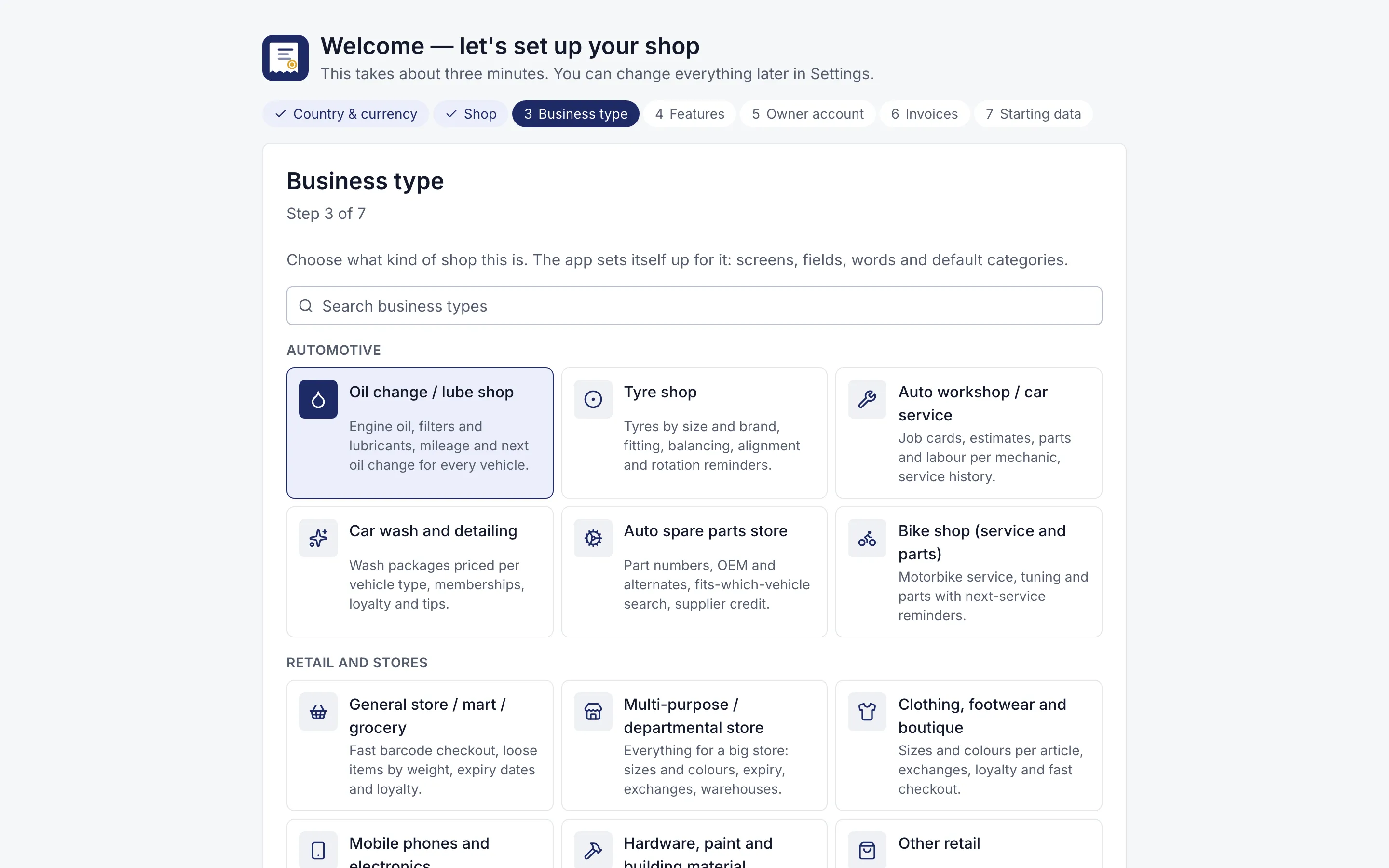 Setup wizard asking the business type, with 12 kinds of shop to choose