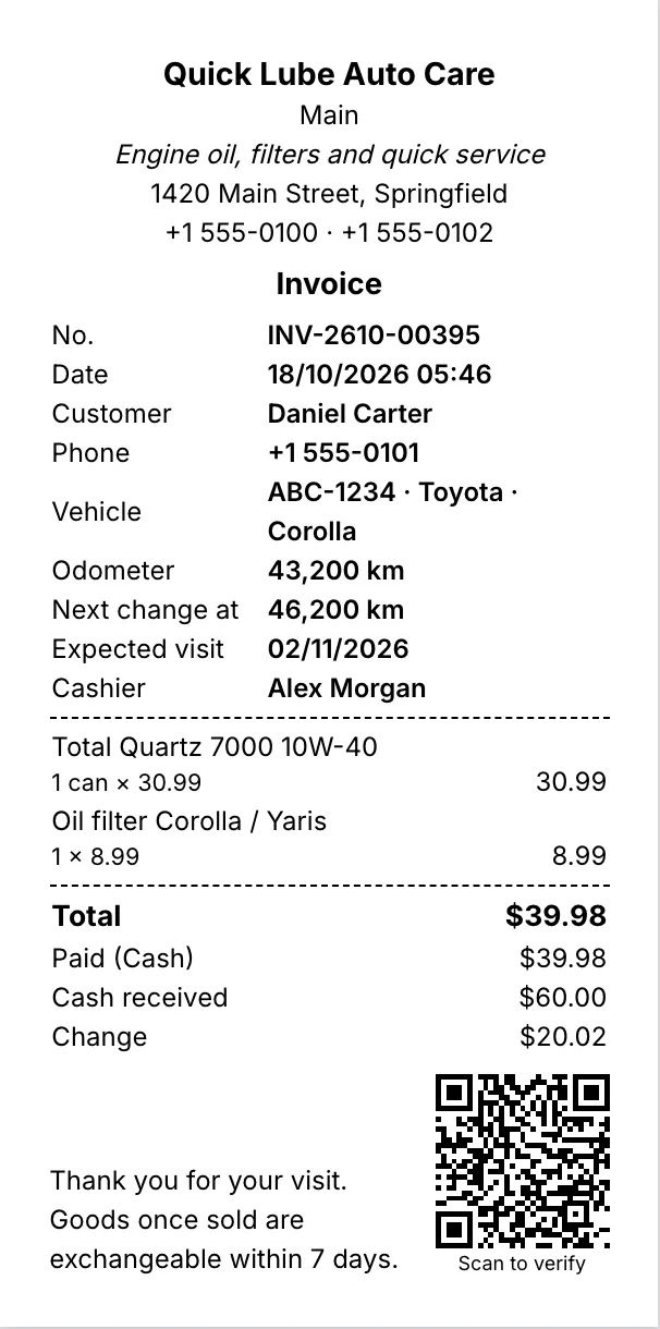 80 mm thermal receipt with items, total, change and a QR code